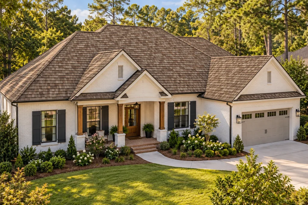Illustrative home with a weathered wood shingle roof